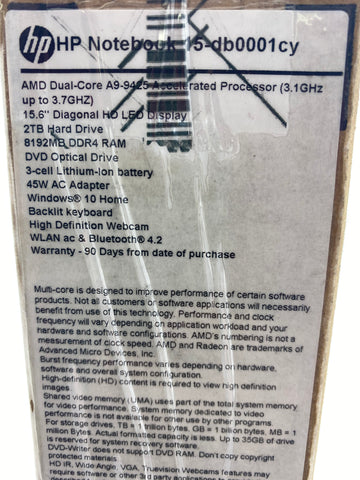Recertified - HP Laptop 15-DB0001CY AMD A9-Series A9-9425 (3.10 GHz) 8 GB Memory 2 TB HDD AMD Radeon R5 Series 15.6" Windows 10 Home 64-bit